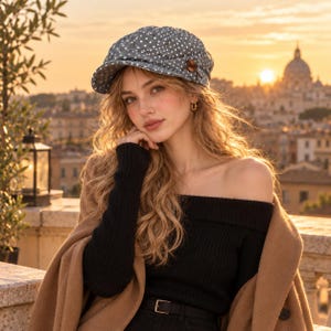 Puede incluir: Una gorra de estilo boina gris con un patrón de lunares blancos y un pequeño detalle de botón circular marrón en el lateral. La gorra tiene una visera estructurada y una corona redondeada, confeccionada en una tela texturizada.