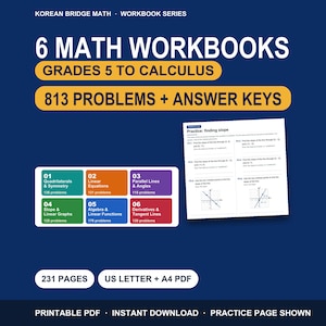 Wiskundewerkboekenpakket, 6 printbare PDF-boeken, groep 5 t/m calculus, 813 opgaven, antwoordbladen