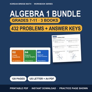 Puede incluir: Conjunto de libros de ejercicios de álgebra 1 para los grados 7-11, que contiene 3 libros con 432 problemas y claves de respuestas. Incluye 128 páginas en formatos PDF US letter y A4. Cubre ecuaciones lineales, pendientes, gráficas y funciones.