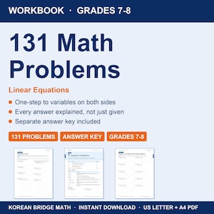 Könnte beinhalten: Ein Arbeitsbuch mit dem Titel 131 Math Problems für die Klassen 7-8, das sich auf lineare Gleichungen konzentriert. Das Cover zeigt dunkelblauen Text auf hellblauem Hintergrund mit Funktionsbeschreibungen und drei beispielhaften Innenseiten.