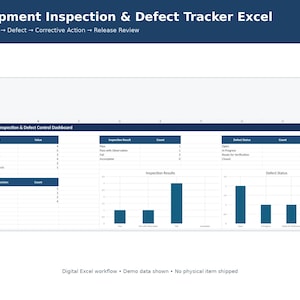 Peut inclure: Un tableau de bord numérique Excel de suivi des inspections et des défauts d'équipement avec des tableaux et des graphiques à barres. La mise en page comprend des sections pour les KPI, les résultats d'inspection et les décisions de mise.