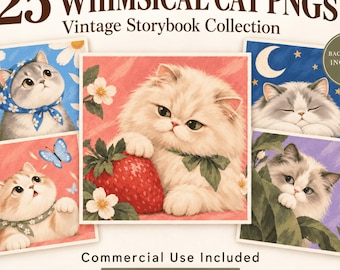 Whimsical Cat PNG Bundle: 25 Vintage Storybook Illustrations with Painted Backgrounds