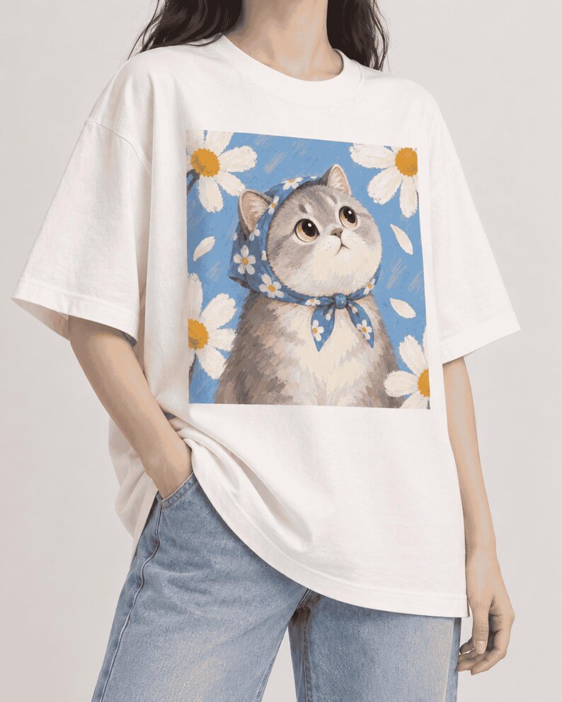 Model wearing a cream oversized T-shirt featuring a gray cat in a blue scarf against a blue floral background.