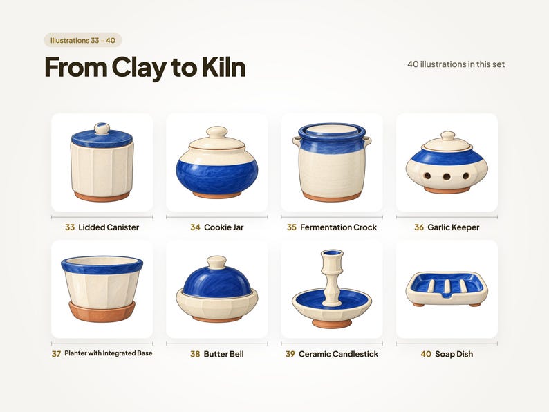Illustrations 33 to 40 of 40 from the From Clay to Kiln set: 33 Lidded Canister, 34 Cookie Jar, 35 Fermentation Crock, 36 Garlic Keeper, 37 Planter with Integrated Base, 38 Butter Bell, 39 Ceramic Candlestick, and 40 Soap Dish.