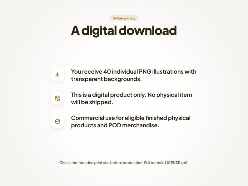 Digital download notice. You receive 40 individual PNG illustrations with transparent backgrounds. This is a digital product only. No physical item will be shipped. Commercial use for eligible finished physical products and POD merchandise.