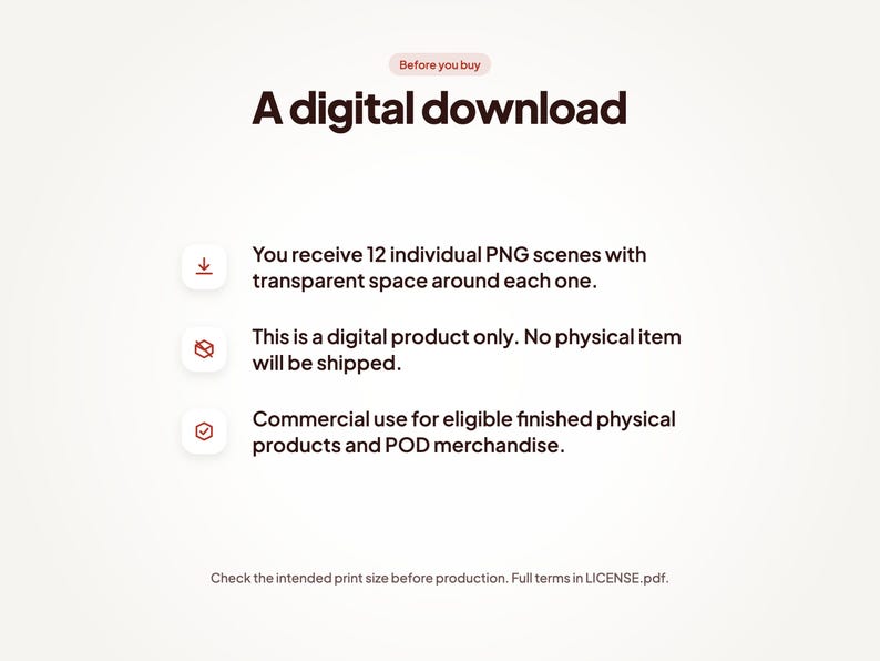 Digital download notice. You receive 12 individual PNG scenes with transparent space around each one. This is a digital product only. No physical item will be shipped. Commercial use for eligible finished physical products and POD merchandise.