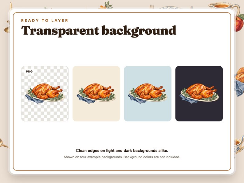 Illustration 01 Roast Turkey Platter on a checkerboard and on cream, pale blue and charcoal backgrounds, showing the transparent PNG background. Clean edges on light and dark backgrounds alike. Background colors are not included.