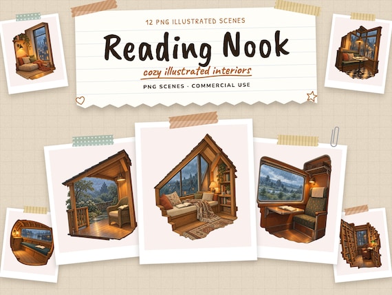 Cozy Reading Nooks: Reading Nook Clipart Bundle, 12 Cozy Interior PNGs for Journals and Paper Crafts