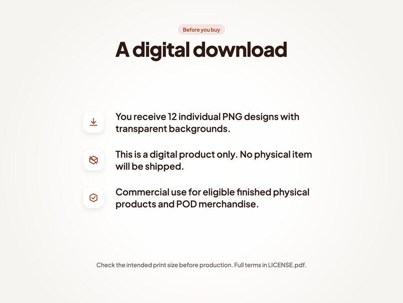 Digital download notice. You receive 12 individual PNG designs with transparent backgrounds. This is a digital product only. No physical item will be shipped. Commercial use for eligible finished physical products and POD merchandise.
