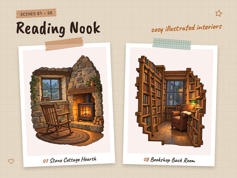 Scenes 07 to 08 of 12 from the Reading Nook set: 07 Stone Cottage Hearth and 08 Bookshop Back Room.