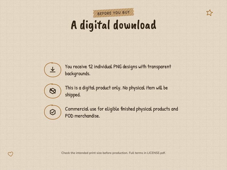 Digital download notice. You receive 12 individual PNG designs with transparent backgrounds. This is a digital product only. No physical item will be shipped. Commercial use for eligible finished physical products and POD merchandise.