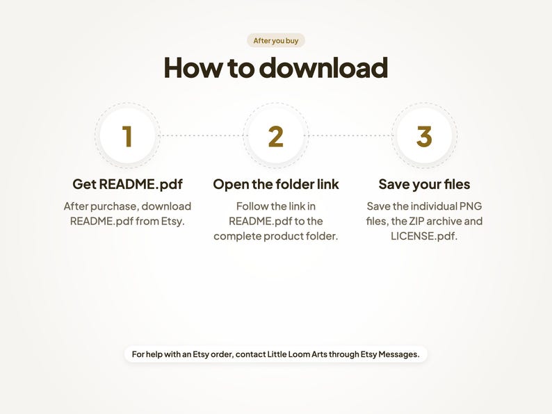 How to download after purchase: 1. Get README.pdf. 2. Open the folder link. 3. Save your files. For help with an Etsy order, contact Little Loom Arts through Etsy Messages.