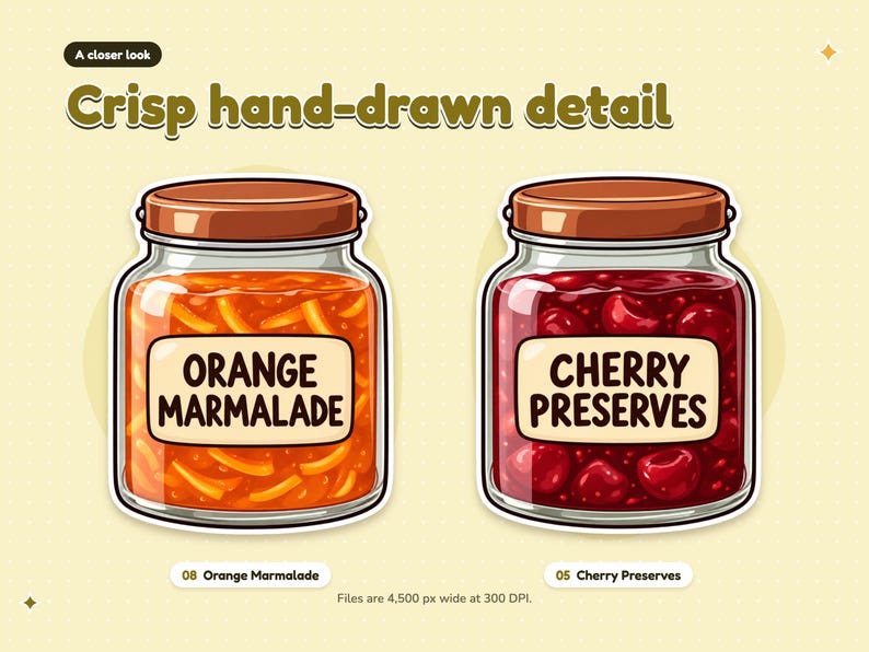 A closer look at two illustrations shown large: 08 Orange Marmalade and 05 Cherry Preserves. Files are 4,500 px wide at 300 DPI.