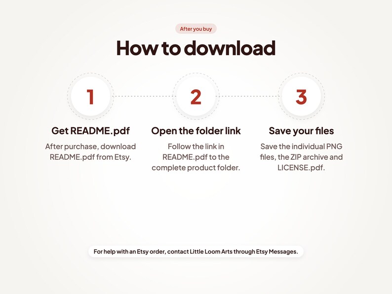 How to download after purchase: 1. Get README.pdf. 2. Open the folder link. 3. Save your files. For help with an Etsy order, contact Little Loom Arts through Etsy Messages.