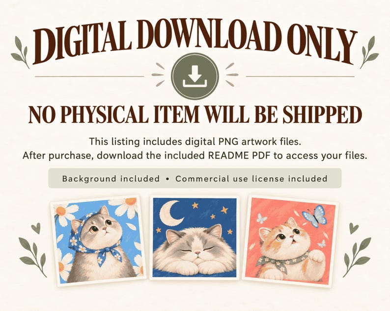 Digital download information graphic showing sample cat illustrations and explaining that no physical item will be shipped.