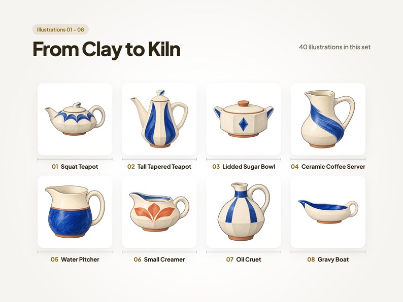 Illustrations 01 to 08 of 40 from the From Clay to Kiln set: 01 Squat Teapot, 02 Tall Tapered Teapot, 03 Lidded Sugar Bowl, 04 Ceramic Coffee Server, 05 Water Pitcher, 06 Small Creamer, 07 Oil Cruet, and 08 Gravy Boat.