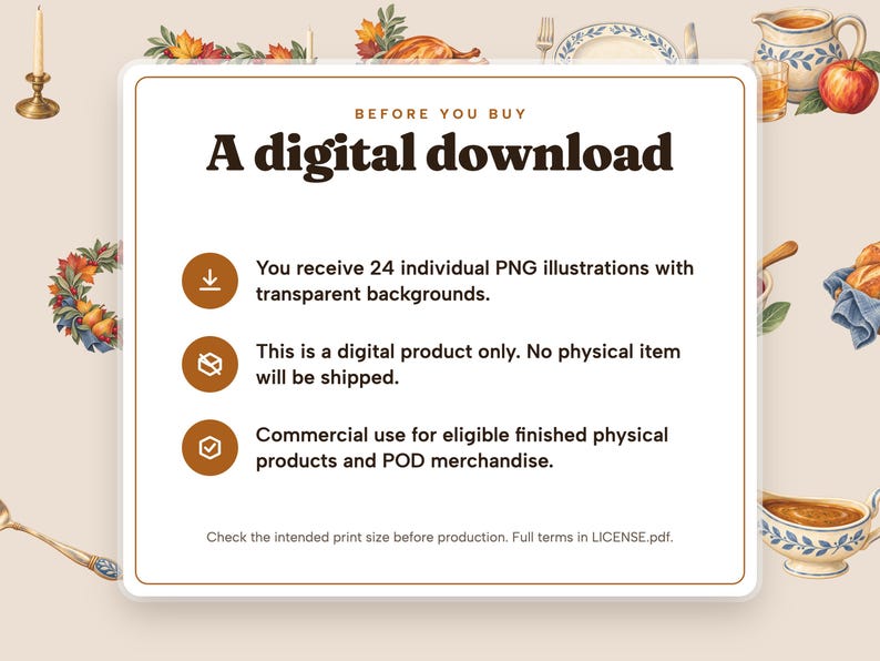 Digital download notice. You receive 24 individual PNG illustrations with transparent backgrounds. This is a digital product only. No physical item will be shipped. Commercial use for eligible finished physical products and POD merchandise.