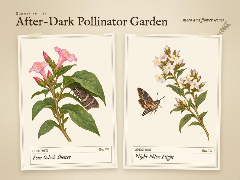 Scenes 09 to 10 of 12 from the After-Dark Pollinator Garden set: 09 Four Oclock Shelter and 10 Night Phlox Flight.