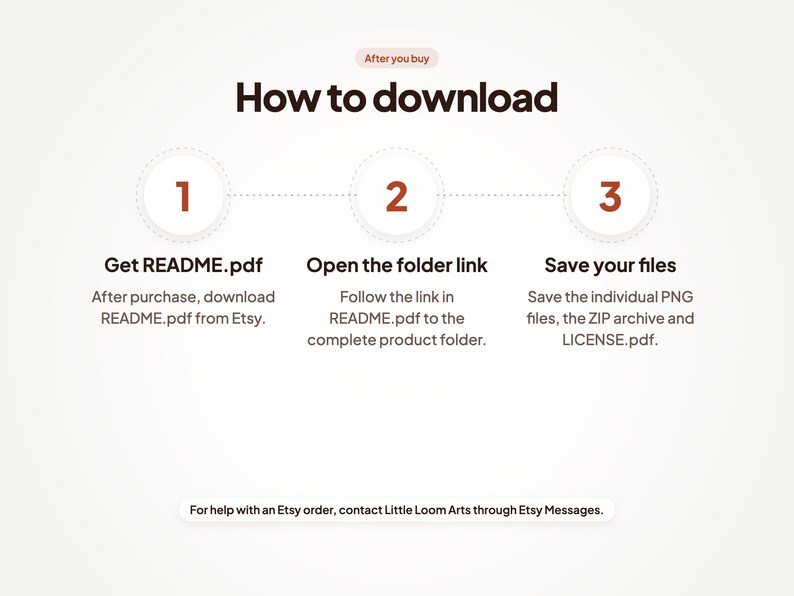 How to download after purchase: 1. Get README.pdf. 2. Open the folder link. 3. Save your files. For help with an Etsy order, contact Little Loom Arts through Etsy Messages.