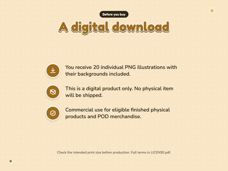 Digital download notice. You receive 20 individual PNG illustrations with their backgrounds included. This is a digital product only. No physical item will be shipped. Commercial use for eligible finished physical products and POD merchandise.