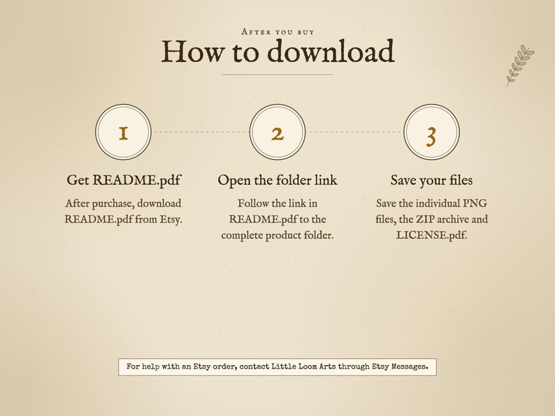 How to download after purchase: 1. Get README.pdf. 2. Open the folder link. 3. Save your files. For help with an Etsy order, contact Little Loom Arts through Etsy Messages.