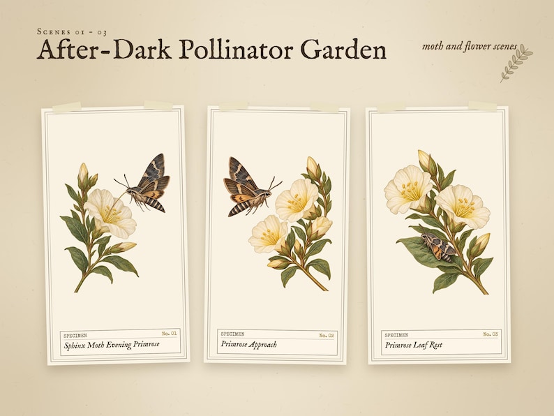 Scenes 01 to 03 of 12 from the After-Dark Pollinator Garden set: 01 Sphinx Moth Evening Primrose, 02 Primrose Approach, and 03 Primrose Leaf Rest.
