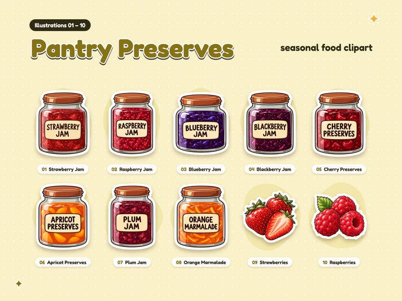 Illustrations 01 to 10 of 40 from the Pantry Preserves set: 01 Strawberry Jam, 02 Raspberry Jam, 03 Blueberry Jam, 04 Blackberry Jam, 05 Cherry Preserves, 06 Apricot Preserves, 07 Plum Jam, 08 Orange Marmalade, 09 Strawberries, and 10 Raspberries.