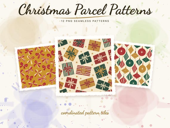 Christmas Parcel Patterns: Christmas Digital Paper Bundle, 12 Folk-Style PNGs for Cards and Scrapbooking