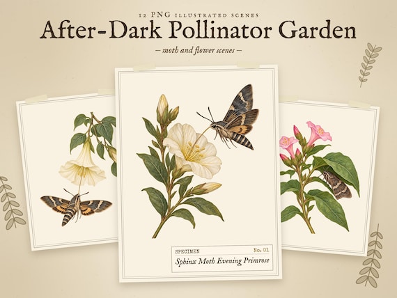 After-Dark Pollinator Garden: Moth Botanical Clipart PNG Bundle, 12 After-Dark Pollinator Garden Scenes