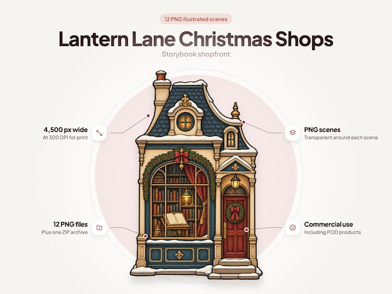 Lantern Lane Christmas Shops: Christmas Storefront Clipart PNG Bundle, 12 Lantern Lane Storybook Shops