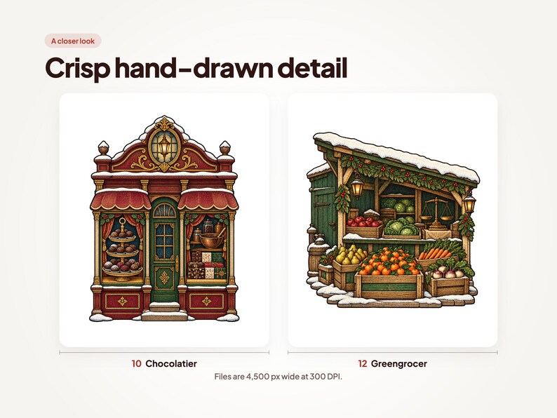 A closer look at two scenes shown large: 10 Chocolatier and 12 Greengrocer. Files are 4,500 px wide at 300 DPI.