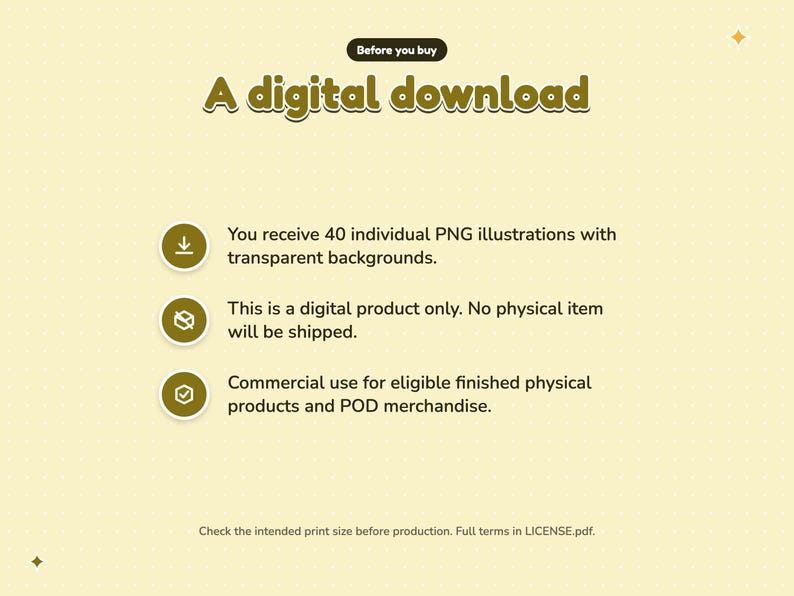 Digital download notice. You receive 40 individual PNG illustrations with transparent backgrounds. This is a digital product only. No physical item will be shipped. Commercial use for eligible finished physical products and POD merchandise.