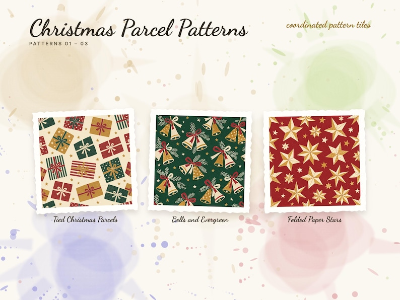 Patterns 01 to 03 of 12 from the Christmas Parcel Patterns set: 01 Tied Christmas Parcels, 02 Bells and Evergreen, and 03 Folded Paper Stars.