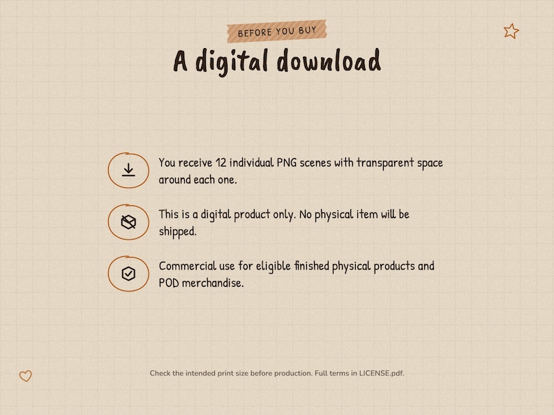 Digital download notice. You receive 12 individual PNG scenes with transparent space around each one. This is a digital product only. No physical item will be shipped. Commercial use for eligible finished physical products and POD merchandise.