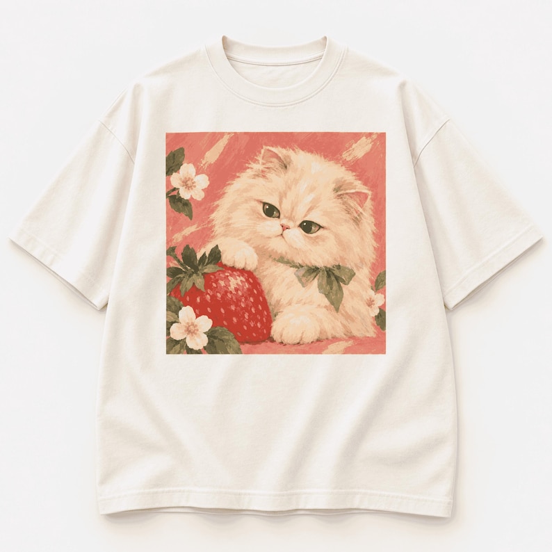 Cream T-shirt mockup featuring a fluffy cream cat beside a strawberry and flowers on a pink background.