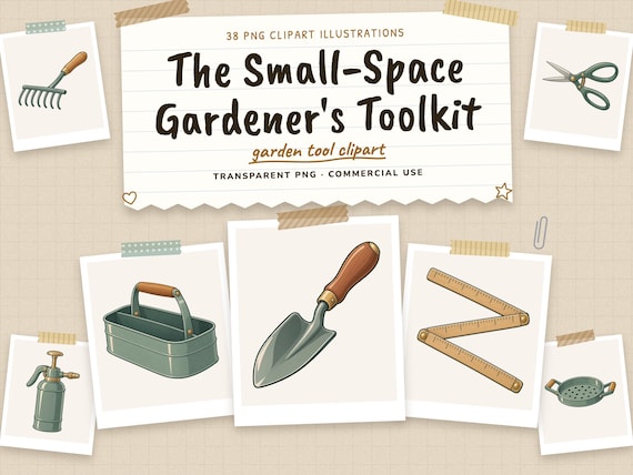The Small-Space Gardener's Toolkit: Garden Tool Clipart Bundle, 38 Transparent PNG Illustrations, Small-Space Gardener’s Toolkit