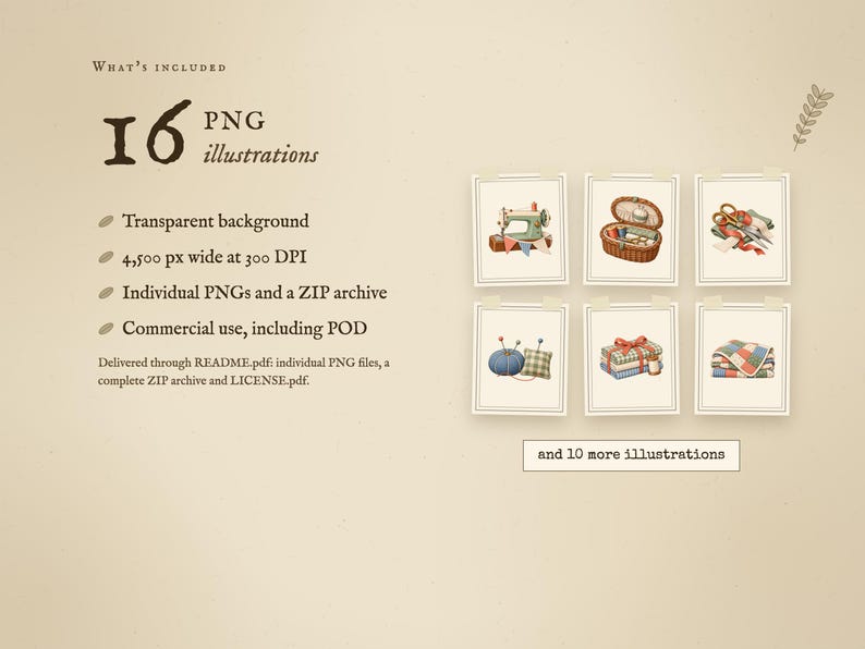 What's included: 16 PNG illustrations. Transparent background, 4,500 px wide at 300 DPI, individual PNGs and a ZIP archive, commercial use, including POD. Previews of the first 6 illustrations, with 10 more in the set.