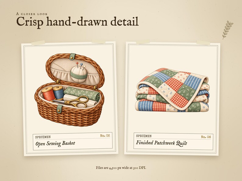 A closer look at two illustrations shown large: 02 Open Sewing Basket and 06 Finished Patchwork Quilt. Files are 4,500 px wide at 300 DPI.