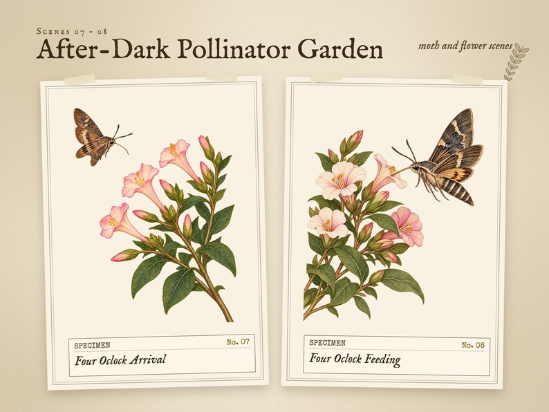 Scenes 07 to 08 of 12 from the After-Dark Pollinator Garden set: 07 Four Oclock Arrival and 08 Four Oclock Feeding.