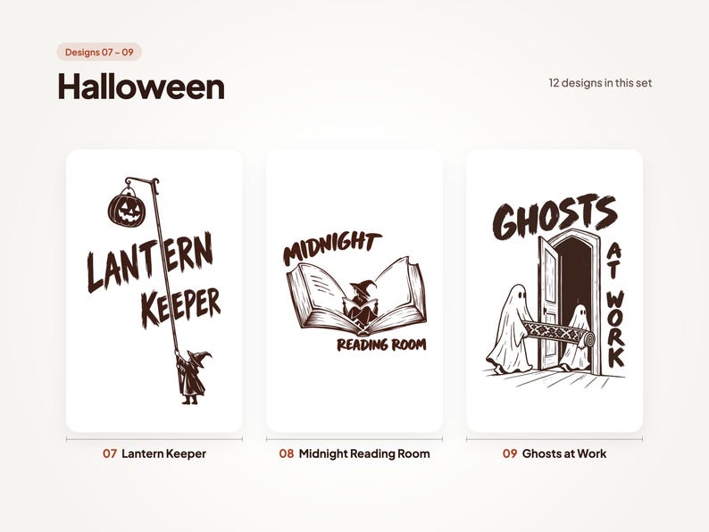 Designs 07 to 09 of 12 from the Halloween set: 07 Lantern Keeper, 08 Midnight Reading Room, and 09 Ghosts at Work.