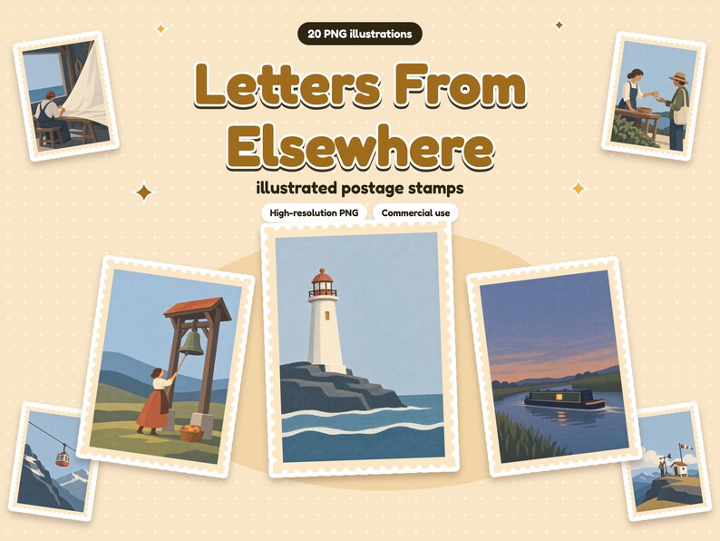 Letters From Elsewhere cover: 20 PNG illustrations, illustrated postage stamps, as sticker-style lettering on a pastel page, above a pile of large die-cut stickers of the illustrations. High-resolution PNG, commercial use.
