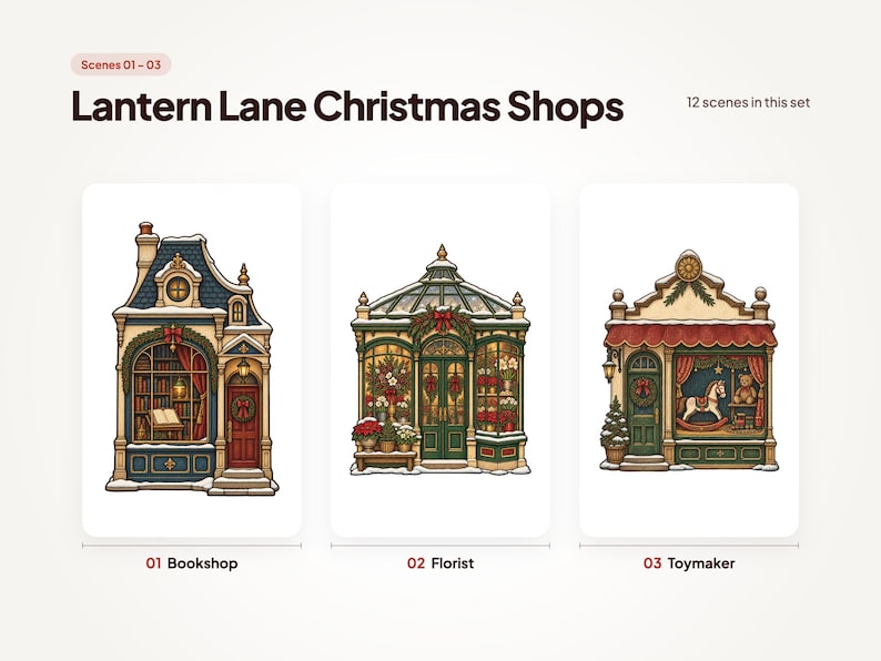Scenes 01 to 03 of 12 from the Lantern Lane Christmas Shops set: 01 Bookshop, 02 Florist, and 03 Toymaker.