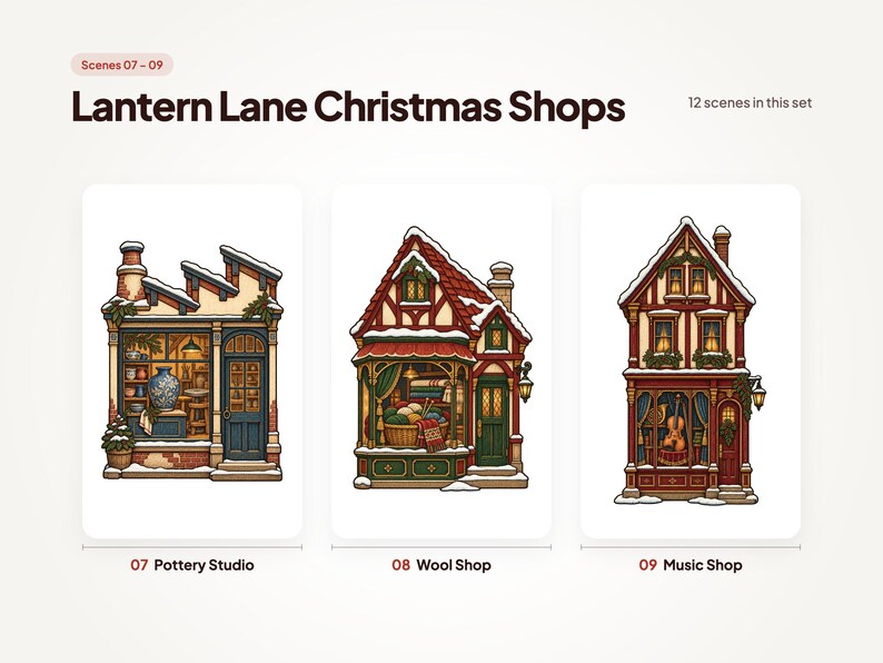 Scenes 07 to 09 of 12 from the Lantern Lane Christmas Shops set: 07 Pottery Studio, 08 Wool Shop, and 09 Music Shop.