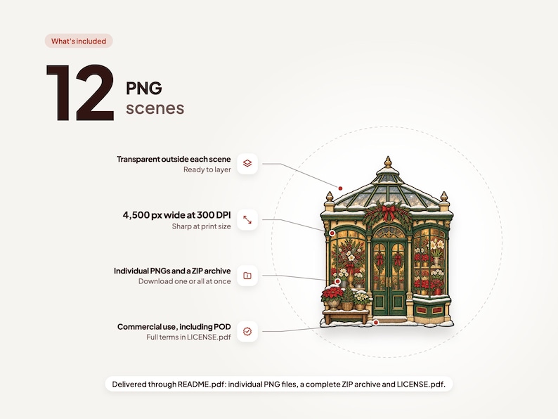 What's included: 12 PNG scenes. Transparent outside each scene, 4,500 px wide at 300 DPI, individual PNGs and a ZIP archive, commercial use, including POD.