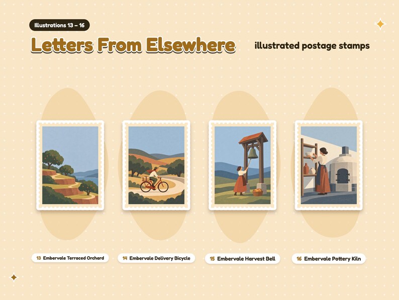 Illustrations 13 to 16 of 20 from the Letters From Elsewhere set: 13 Embervale Terraced Orchard, 14 Embervale Delivery Bicycle, 15 Embervale Harvest Bell, and 16 Embervale Pottery Kiln.