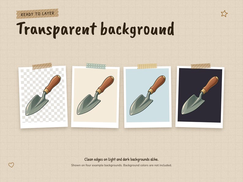 Illustration 01 Trowel on a checkerboard and on cream, pale blue and charcoal backgrounds, showing the transparent PNG background. Clean edges on light and dark backgrounds alike. Background colors are not included.