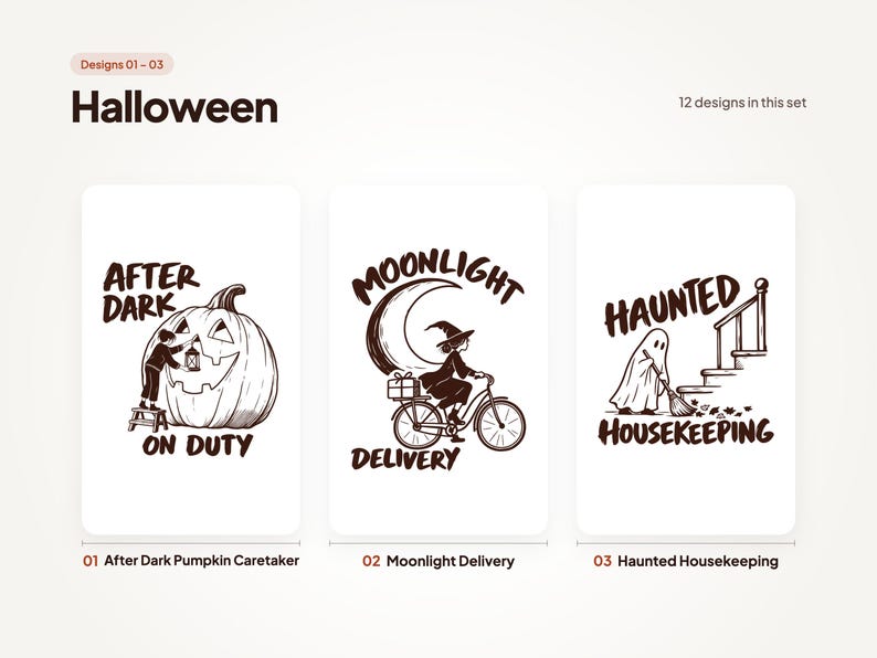 Designs 01 to 03 of 12 from the Halloween set: 01 After Dark Pumpkin Caretaker, 02 Moonlight Delivery, and 03 Haunted Housekeeping.