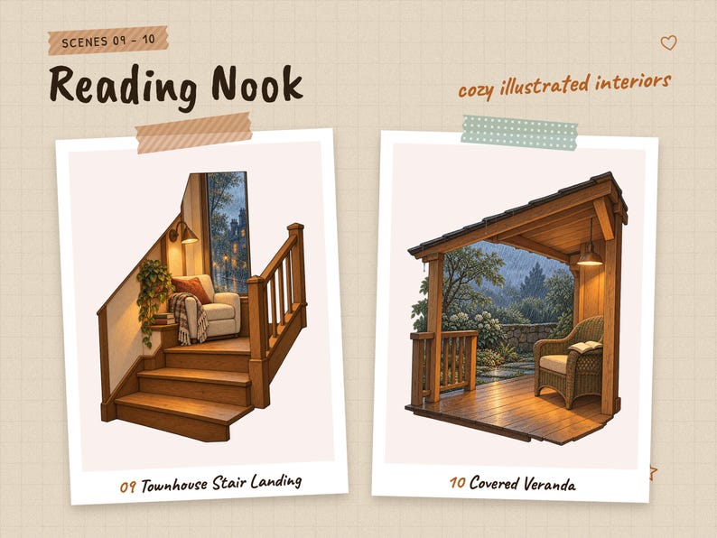 Scenes 09 to 10 of 12 from the Reading Nook set: 09 Townhouse Stair Landing and 10 Covered Veranda.