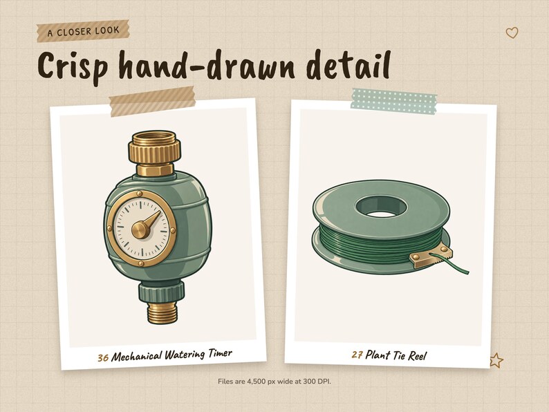 A closer look at two illustrations shown large: 36 Mechanical Watering Timer and 27 Plant Tie Reel. Files are 4,500 px wide at 300 DPI.
