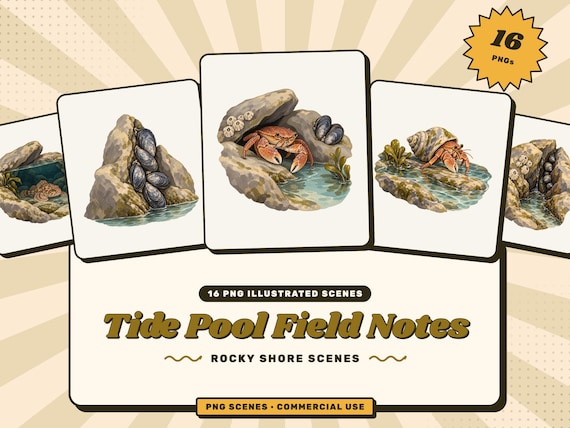 Tide Pool Field Notes: Tide Pool Scene Clipart PNG Bundle, 16 Rocky Shore Illustrations